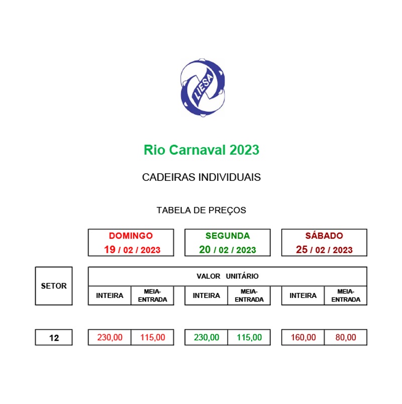 Tabela de preços cadeiras